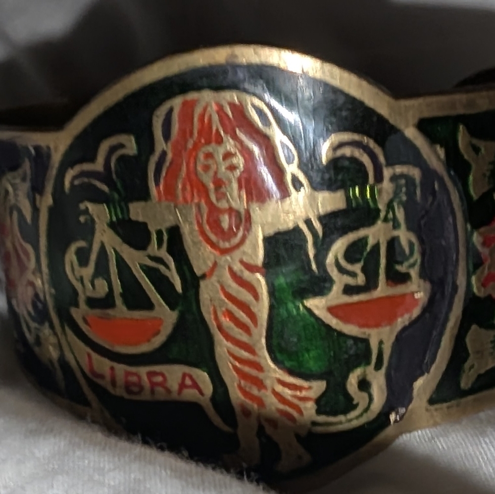 Vintage LIBRA Zodiac Brass & Enamel Statement Cuff Boho Bracelet - Picture 4 of 9